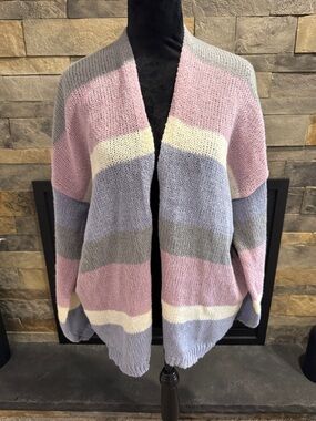 Listicle Pastel Striped Open-Front Cardigan - Pink, Gray, Lavender, Cream